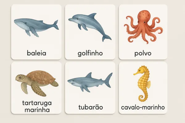 Como Usar Cartões de Nomenclatura 3 Partes para Introdução de Vocabulário de Animais Marinhos